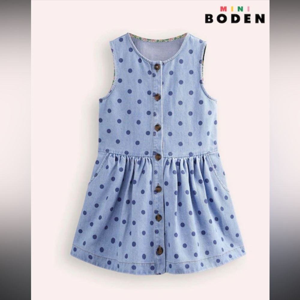 Mini Boden Denim Button Down Dress with Navy Polka Dots Size 3-4 Years
